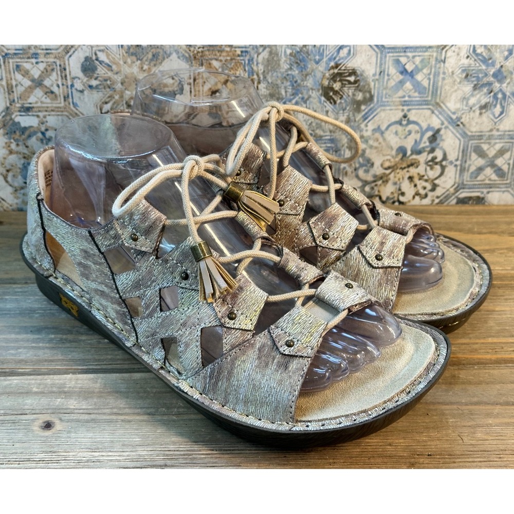 Alegria Lace Up Gladiator Sandals Tassel Metallic Womens 38 / 8 Champagne Classy
